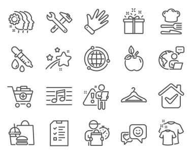 İş simgeleri ayarlandı. El olarak simge, ürün ekleme, çalışanların takım çalışması işaretleri dahil. Röportaj, kimya pipeti, anahtar araç sembolleri. Çevre yemeği, gülümseme, özel teklif. Globe, müzikal nota. Vektör