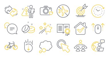 Bisiklet, röportaj işi, fotoğraf makinesi sembolleri gibi bir takım iş simgeleri. Zaman değişimi, tıbbi tablet, mesaj işaretleri. Diploma, sohbet balonu, hedef golü. Aşağı in, yukarı kay. Vektör