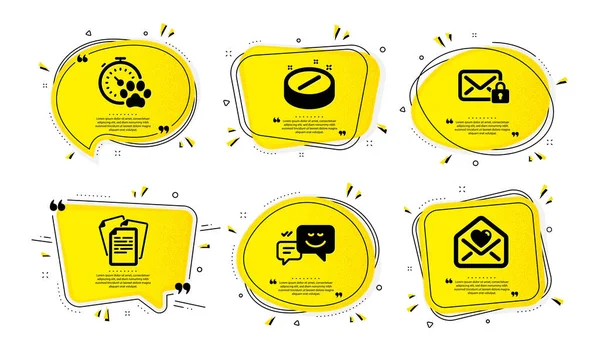 Dokumente Hundewettbewerb Und Medizinische Tablettensymbole Einfaches Set Gelbe Sprechblasen Mit — Stockvektor