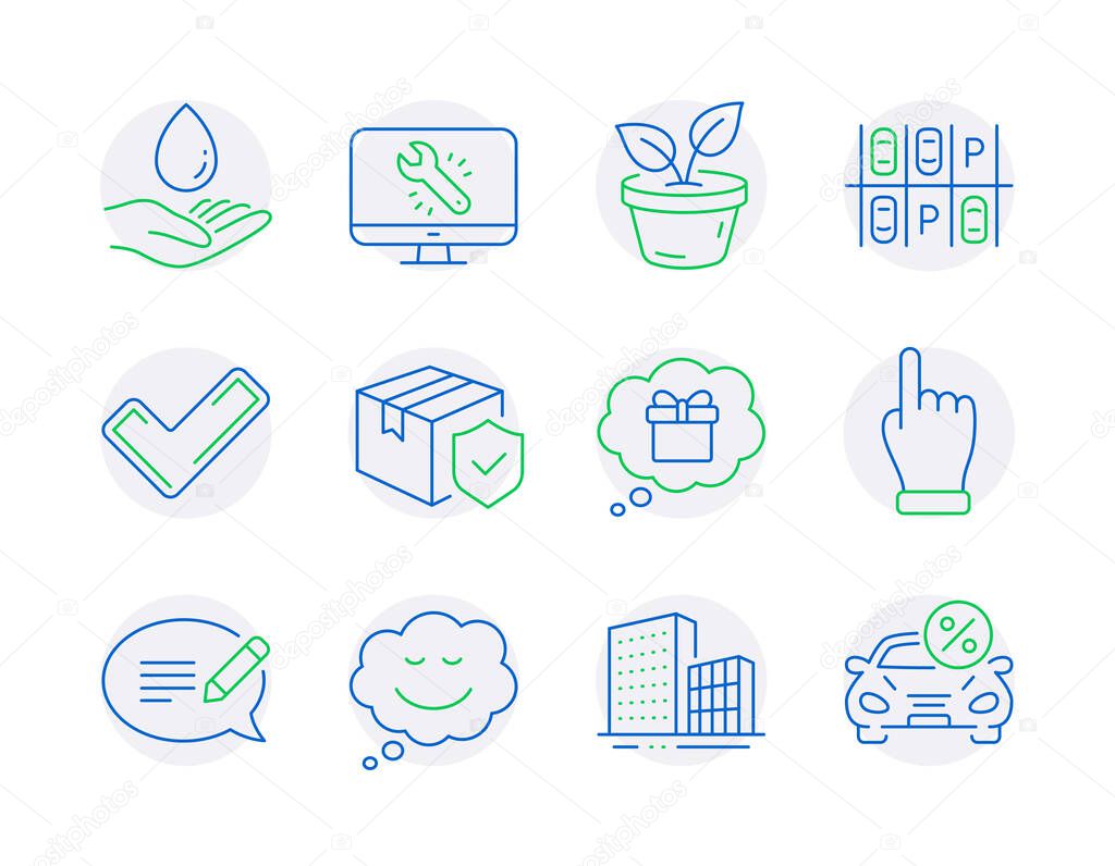 Business icons set. Included icon as Gift dream, Message, Monitor repair signs. Water care, Buildings, Leaves symbols. Click hand, Parking place, Parcel insurance. Speech bubble, Tick. Vector