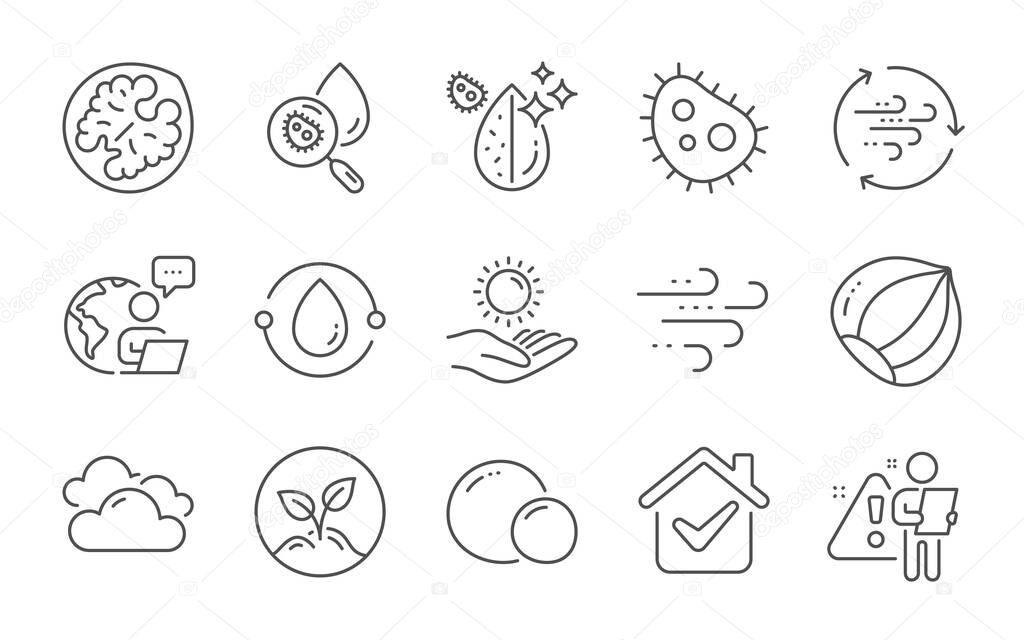 Water analysis, Cold-pressed oil and Startup line icons set. Wind energy, Dirty water and Sun protection signs. Bacteria, Hazelnut and Windy weather symbols. Cloudy weather, Walnut and Peas. Vector