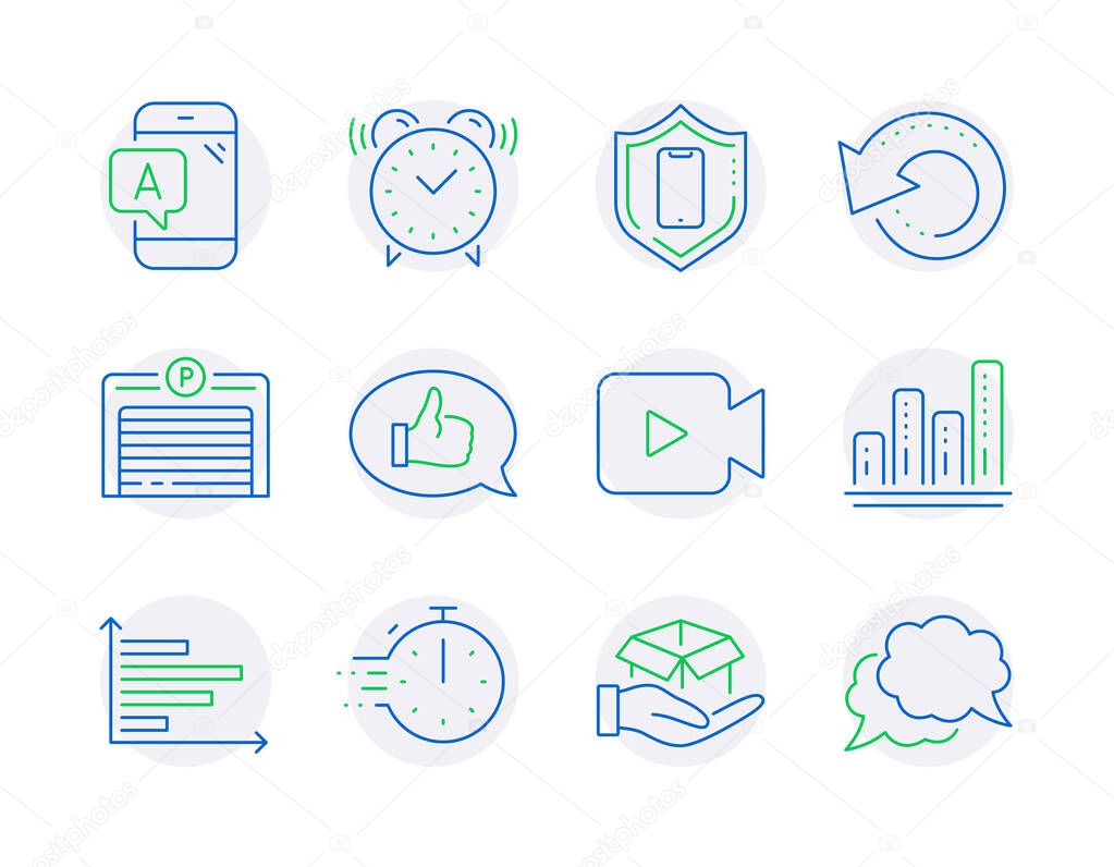 Technology icons set. Included icon as Graph chart, Recovery data, Feedback signs. Smartphone protection, Horizontal chart, Video camera symbols. Parking garage, Ab testing, Hold box. Vector