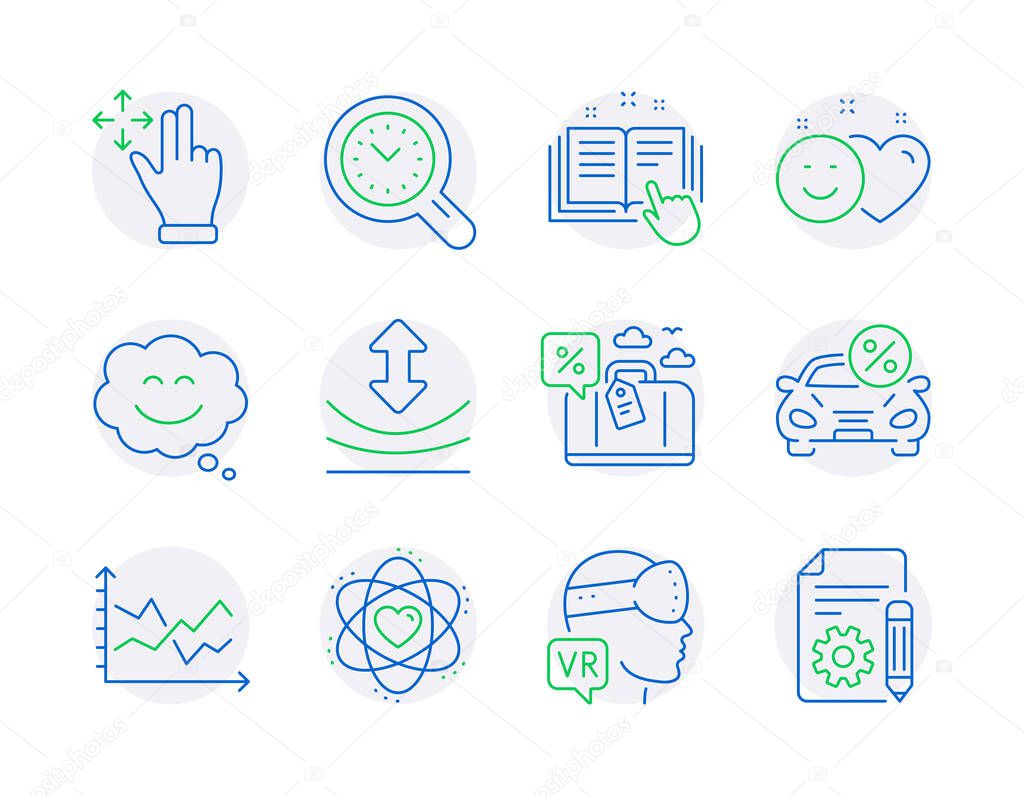 Technology icons set. Included icon as Travel loan, Move gesture, Technical documentation signs. Smile chat, Diagram chart, Atom symbols. Augmented reality, Car leasing, Resilience. Smile. Vector