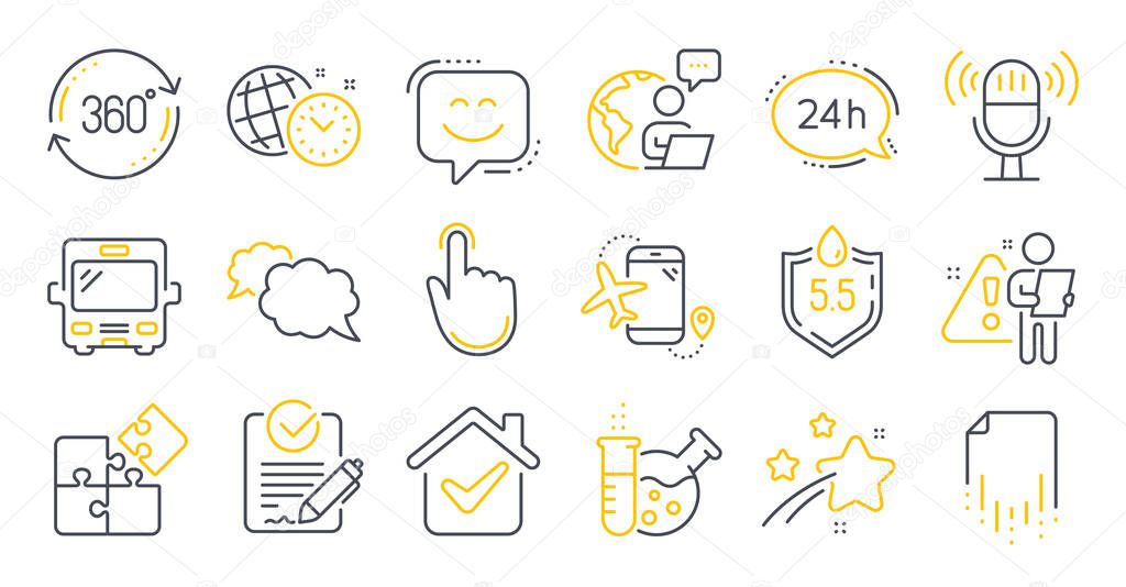Set of Technology icons, such as Smile face, Microphone, Flights application symbols. 24h service, Recovery file, Rfp signs. Chemistry lab, Full rotation, Puzzle. Bus, Time management. Vector