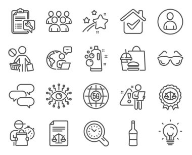 Business icons set. Included icon as Artificial intelligence, 5g internet, Eyeglasses signs. Justice scales, Talk bubble, Stop shopping symbols. Spanner, Energy, Clean bubbles. Avatar. Vector clipart