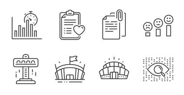 Arena, müşteri memnuniyeti ve yapay zeka çizgisi simgeleri ayarlandı. Cazibe, zamanlayıcı ve hasta geçmişi işaretleri. Arena Stadyumu, Doküman Bağlama Sembolleri. Kaliteli çizgi simgeleri. Vektör