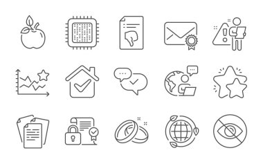 Doğrulanmış posta, Bakılmıyor ve Sıralama Yıldızları çizgi simgeleri ayarlandı. Eko gıda, Eko enerji ve Dokümanlar işaretleri. Alyanslar, işlemci ve onaylanmış semboller. Satır simgeleri ayarlandı. Vektör