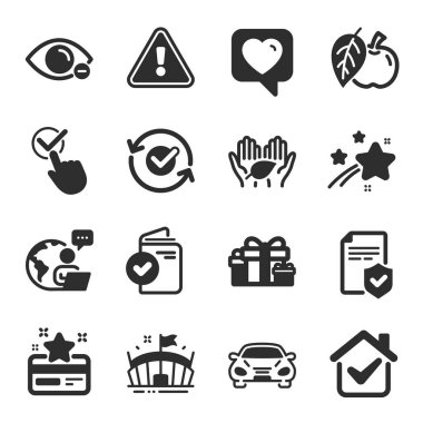 Adil ticaret, sadakat kartı, onaylanmış semboller gibi iş simgeleri. Sigorta poliçesi, Apple, doğrulama belgeleri. Tatil hediyeleri, Arena, Checkbox. Miyop, Kalp, Araba. Vektör