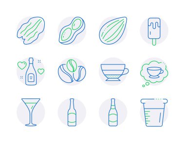 Yiyecek ve içecekler belirlenmiştir. Aşk şampanyası, kahve fındığı ve fındık tabelaları gibi ikonlar da var. Fıstık, dondurma, Americano sembolleri. Bira, martini bardağı, kahve çekirdekleri. Bira şişesi. Vektör