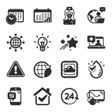 Hemşire, Bilgisayar faresi, Bulut hesaplama sembolleri gibi bir dizi bilim simgesi. Tıbbi yardım, takvim grafiği, fikir işaretleri. Takvim zamanı, uluslararası dünya, su damlası. Çevre günü. Vektör