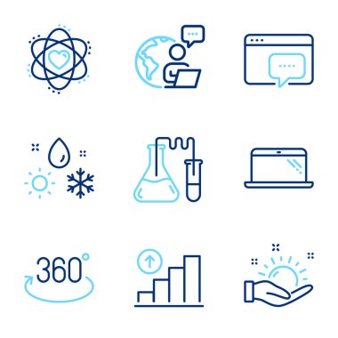 Bilim simgeleri ayarlandı. Hava durumu, güneşli hava, atom işaretleri gibi ikonlar da dahil. Grafik çizelgesi, Seo mesajı, kimya laboratuarı sembolleri. Tam dönüş, dizüstü bilgisayar çizgisi simgeleri. İklim, Güneşi Durdur. Satır simgeleri ayarlandı. Vektör