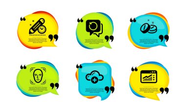 Bulut hesaplama, Proje teslim tarihi ve tıbbi tablet simgeleri basit ayarlar. Tırnak içinde konuşma balonu. Yüz tanıma, kurtarma verileri ve internet trafik işaretleri. Vektör