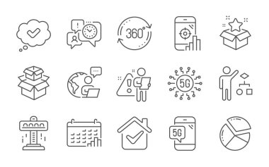 Pasta şeması, zaman yönetimi ve tam dönüş çizgisi simgeleri ayarlandı. 5G teknolojisi, takvim grafiği ve sadakat programı işaretleri. Onaylandı, kutular ve Seo telefon sembolleri. Satır simgeleri ayarlandı. Vektör