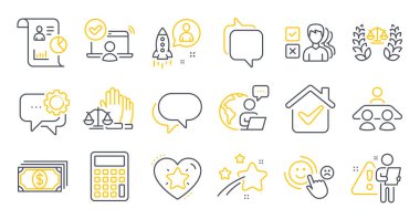 Konuşma balonu, adalet terazileri, müşteri memnuniyeti sembolleri gibi bir dizi eğitim ikonu. Kıdemli yıldız, mülakat işi, görüş tabelaları. Başlangıç, çevrimiçi erişim, ödeme. Haberci, rapor ver. Vektör
