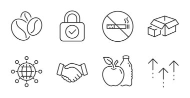 Sigara içmek yok, Uluslararası Küre ve Paketleme kutusu çizgisi simgeleri ayarlandı. Tokalaş, tokalaşma ve elma işaretleri. Kahve çekirdekleri, güvenlik kilidi sembolleri. Sigarayı, dünya ağlarını, teslimat paketini durdurun. Vektör