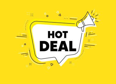 Harika bir anlaşma. Megafon sarı vektör pankartı. Özel fiyat tabelası. Reklam indirimleri sembolü. Tırnak içinde düşünce balonu. Sıcak bir sohbet, megafon mesajını düşün. Vektör