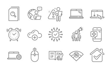 Arama dosyaları, dizüstü bilgisayar ve 5g kablosuz ağ simgeleri ayarlandı. Not defteri servisi, yukarı kaydır ve Cloud bilgisayar işaretleri. Tıbbi telefon, güvenlik ağı ve sembolleri kaydet. Satır simgeleri ayarlandı. Vektör