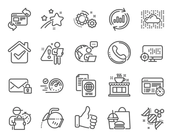 Business Icons Set Included Icon Passport Document Update Data Gears — Stock Vector