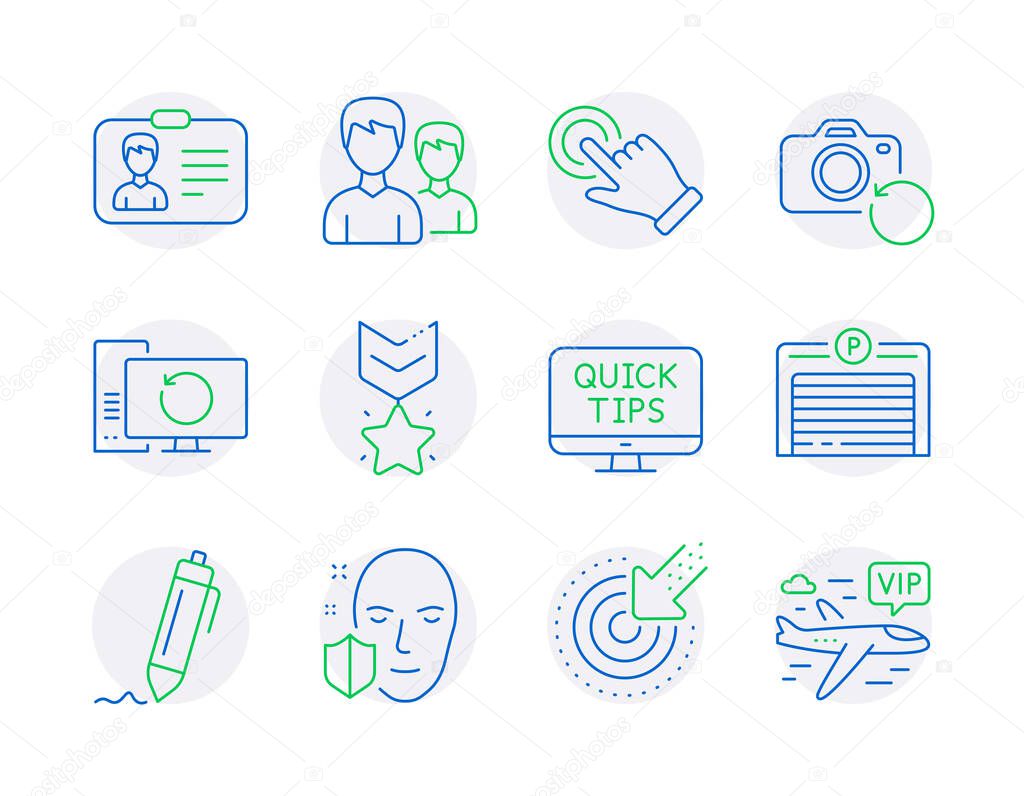Business icons set. Included icon as Touchscreen gesture, Signature, Identification card signs. Web tutorials, Recovery computer, Targeting symbols. Couple, Recovery photo, Winner medal. Vector