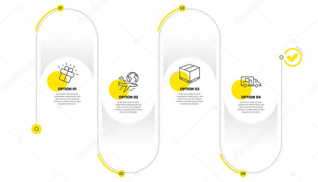 Gift, Delivery box and International flight line icons set. Timeline process infograph. Truck transport sign. Marketing box, Cargo package, Sky travel. Delivery. Transportation set. Vector