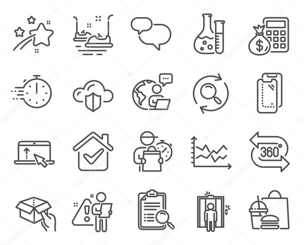 Technology icons set. Included icon as Bumper cars, Chat message, Cloud protection signs. Chemistry lab, Smartphone glass, Search analysis symbols. Hold box, Cooking timer, Swipe up. Vector