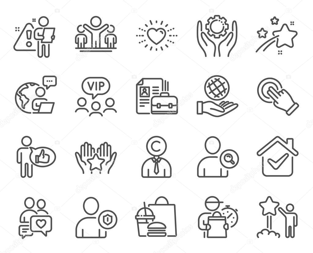 People icons set. Included icon as Safe planet, Ranking, Like signs. Vacancy, Winner, Heart symbols. Copyrighter, Security, Touchscreen gesture. Dating chat, Star, Vip clients. Find user. Vector