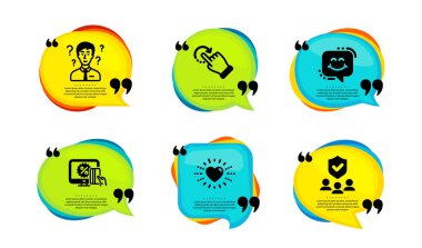 Kalp, Döndürme ve Destek Danışmanı simgeleri basit bir set. Tırnak içinde konuşma balonu. İnternetten alışveriş, Gülücük Sohbeti ve Güvenlik Teşkilatı tabelaları. Aşk, Geri Al, Soru işareti. Vektör