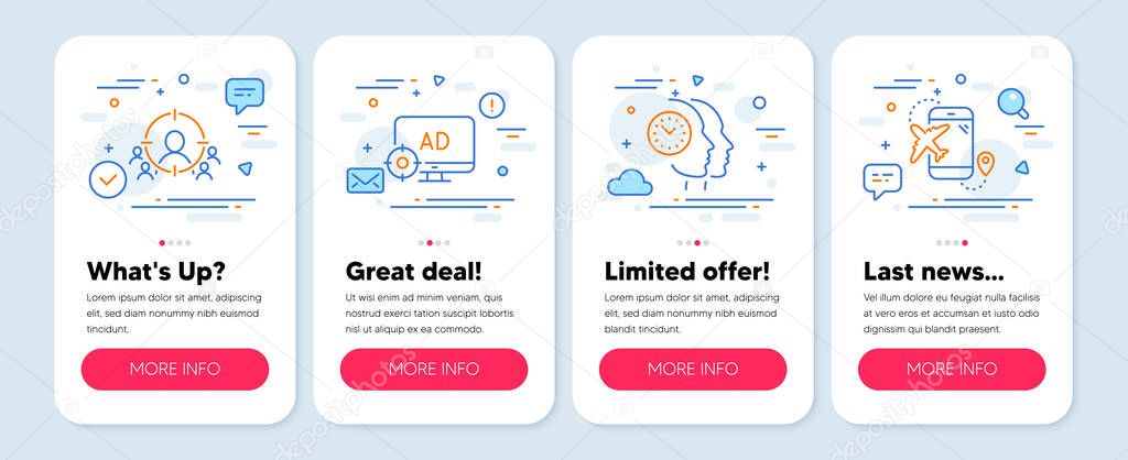 Set of Business icons, such as Time management, Business targeting, Seo adblock symbols. Mobile app mockup banners. Flight destination line icons. Vector