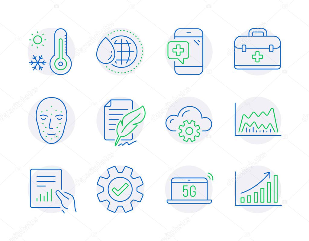 Science icons set. Included icon as Face biometrics, Medical phone, Feather signature signs. Document, Trade chart, First aid symbols. Service, Cloud computing, Weather thermometer. Vector