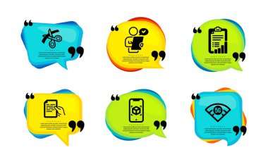 Makas, Kontrol Listesi ve Artırılmış Gerçeklik simgeleri basit küme. Tırnak içinde konuşma balonu. Belgeyi, müşteri anketini ve 5 gramlık kablosuz internet tabelalarını saklayın. Kurdele kesme, grafik raporu, telefon simülasyonu. Vektör