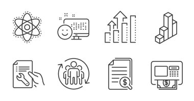 Takım çalışması, Kimya atomu ve Onarım belgesi çizgisi simgeleri ayarlandı. Finansal belgeler, analiz grafiği ve gülümseme tabelaları. 3D çizelge, ATM sembolleri. Çalışanlar değişir, laboratuvar molekülleri, anahtar aletleri. Vektör
