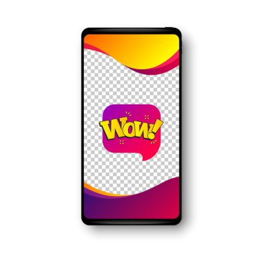 Vay canına, sohbet balonu afişi. Telefon modelleme vektör pankartı. İndirimli çıkartma şekli. İndirim kuponu ikonu. Sosyal hikaye posta şablonu. Vay canına. Cep telefonu çerçevesi. Sıvı modern arka plan. Vektör