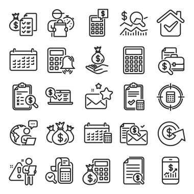 Muhasebe çizgisi simgeleri. Hesap makinesi seti, yatırım ve raporlama simgeleri. Takvim, banka hesabı ve mali muhasebe raporları. Bill, Hesap Makinesi ve Varlık Denetleme. Vektör