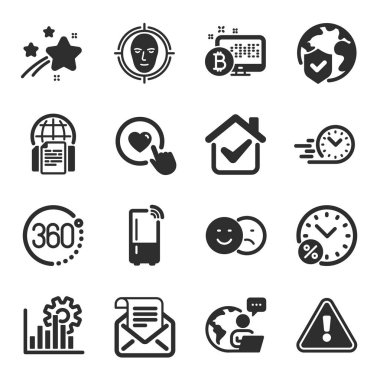 Posta bülteni gibi bir dizi teknoloji ikonu, sembol gibi kredi yüzdesi. 360 derece, Bitcoin sistemi, hızlı teslim işaretleri. Düğme, yüz tanıma, dünya sigortası gibi. Buzdolabı. Vektör