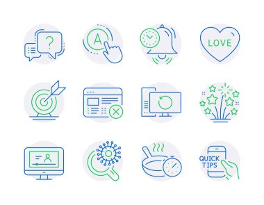 Satır simgeleri ayarlandı. Soru işareti olarak simge dahil, hedef hedef, Kurtarma bilgisayar işaretleri. Reddedilmiş ağ, kızartma tavası, havai fişek yıldız sembolleri. Ab testi, zaman yönetimi, çevrimiçi video. Sevgi. Vektör