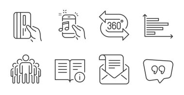 Müzik telefonu, yatay şema ve tırnak içinde baloncuk çizgisi simgeleri. 360 derece, ödeme kartı ve grup işaretleri. Posta bülteni, Teknik bilgi sembolleri. Kaliteli çizgi simgeleri. Müzik telefonu rozeti. Vektör