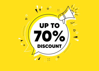 Yüzde 70 'e kadar indirimli. Megafon sarı vektör pankartı. Satılık fiyat tabelası. Özel teklif sembolü. Yüzde 70 tasarruf et. Tırnak içinde düşünce balonu. Vektör