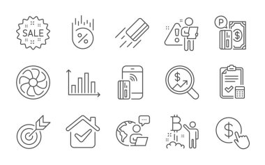 Fan motoru, kredi kartı ve muhasebe listesi satır simgeleri ayarlandı. Park ücreti, hedef ve satış tabelaları. Diyagram grafiği, para birimi ve para birimi denetim sembolleri al. Satır simgeleri ayarlandı. Vektör