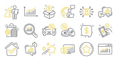 Grafik, Bitcoin grafiği, ödeme yöntemi sembolleri gibi bir dizi Finans simgesi. Ödeme mesajı, istatistik zamanlayıcısı, Bitcoin sistem işaretleri. Araba kiralama, grafik çizelgesi, döviz borsası simgeleri. Vektör