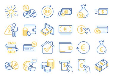 Para cüzdanı çizgisi simgeleri. Kredi kartı, nakit para ve sikke ikonları. Bankacılık, Döviz Kurumu ve Nakit Servis. Cüzdan, Euro ve Dolar parası, kredi kartı. Para değişimi, banka ödemesi. Vektör