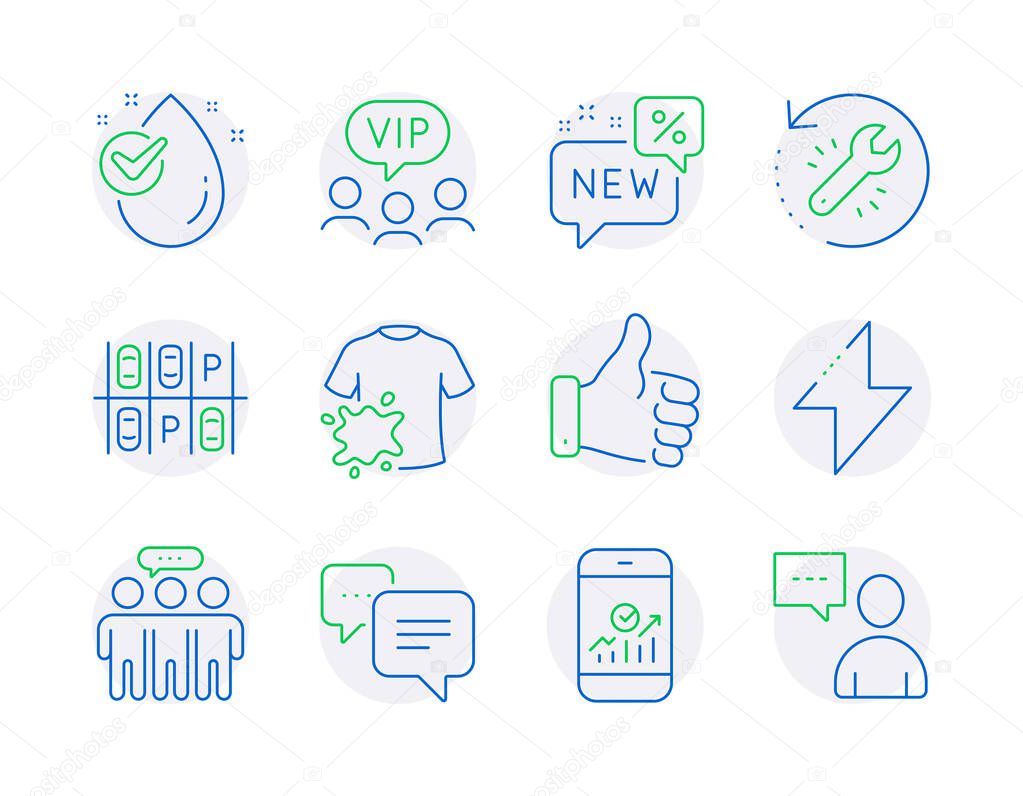 Line icons set. Included icon as New, Dots message, Dirty t-shirt signs. Parking place, Vip clients, Employees group symbols. Energy, Smartphone statistics, Water drop. Recovery tool. Vector
