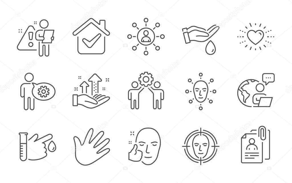 Hand, Heart and Analysis graph line icons set. Cogwheel, Employees teamwork and Wash hands signs. Interview documents, Healthy face and Face biometrics symbols. Blood donation, Networking. Vector