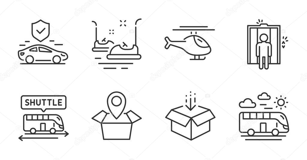 Shuttle bus, Bus travel and Helicopter line icons set. Get box, Elevator and Package location signs. Bumper cars, Transport insurance symbols. Terminal transfer, Transport, Copter. Vector