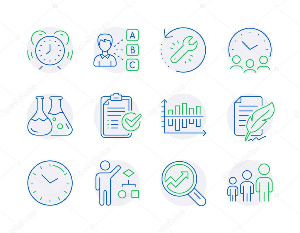 Education icons set. Included icon as Opinion, Feather signature, Meeting time signs. Recovery tool, Diagram chart, Algorithm symbols. Time management, Chemistry lab, Survey checklist. Vector
