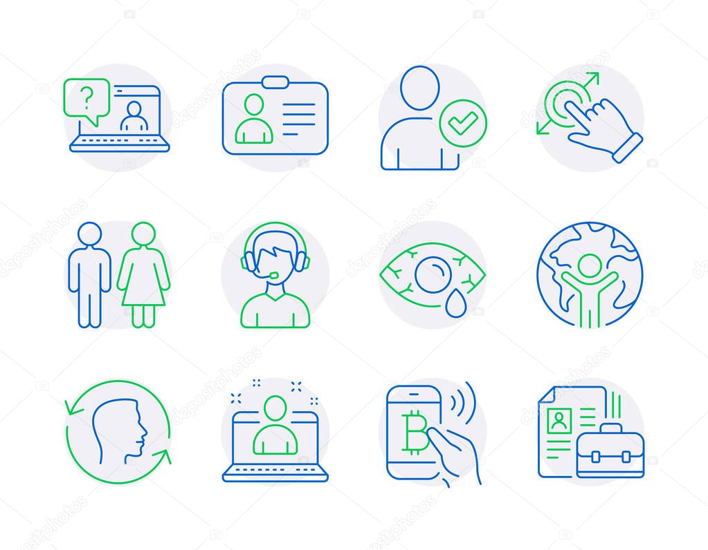 People icons set. Included icon as Touchscreen gesture, Consultant, Restroom signs. Best manager, Identity confirmed, Bitcoin pay symbols. Face id, Global business, Faq. Id card, Vacancy. Vector