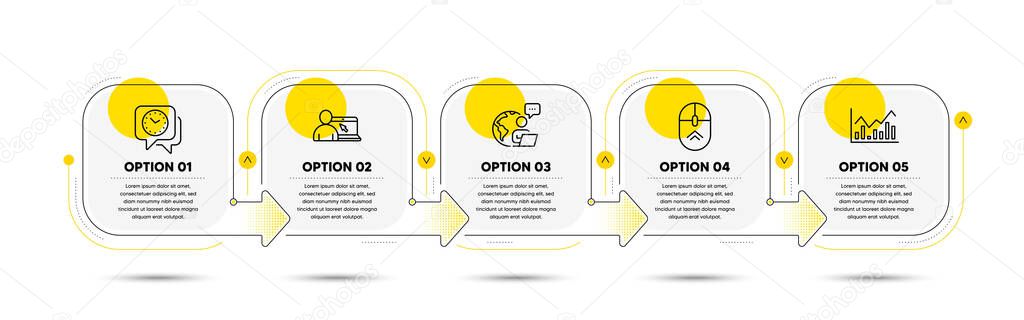 Clock, Online education and Infochart line icons set. Timeline process flowchart. Swipe up sign. Time, Internet lectures, Stock exchange. Scrolling page. Science set. Vector