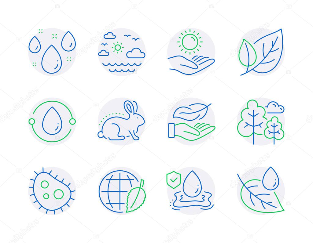 Nature icons set. Included icon as Cold-pressed oil, Bacteria, Flood insurance signs. Tree, Rainy weather, Animal tested symbols. Leaf, Lightweight, Environment day. Travel sea, Leaf dew. Vector