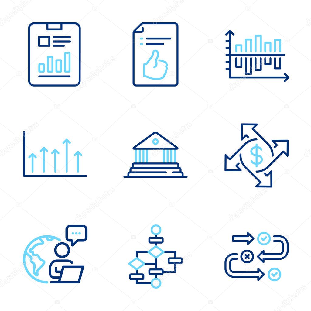Education icons set. Included icon as Payment exchange, Growth chart, Court building signs. Report document, Approved document, Diagram chart symbols. Block diagram, Survey progress. Vector