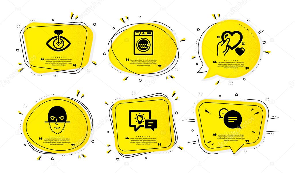 Idea lamp, Eye laser and Laundry icons simple set. Yellow speech bubbles with dotwork effect. Face recognition, Hold heart and Text message signs. Vector