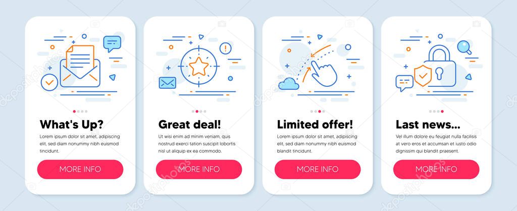 Set of Technology icons, such as Star target, Mail correspondence, Swipe up symbols. Mobile screen mockup banners. Security lock line icons. Winner award, E-mail newsletter, Touch down. Vector